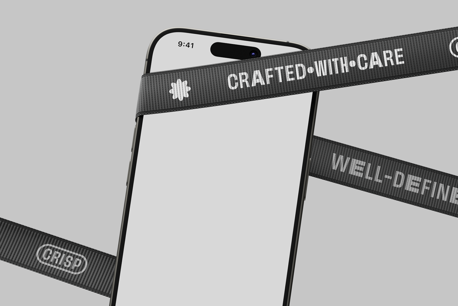 iPhone mockup with blank white screen crossed by dark branded ribbon straps