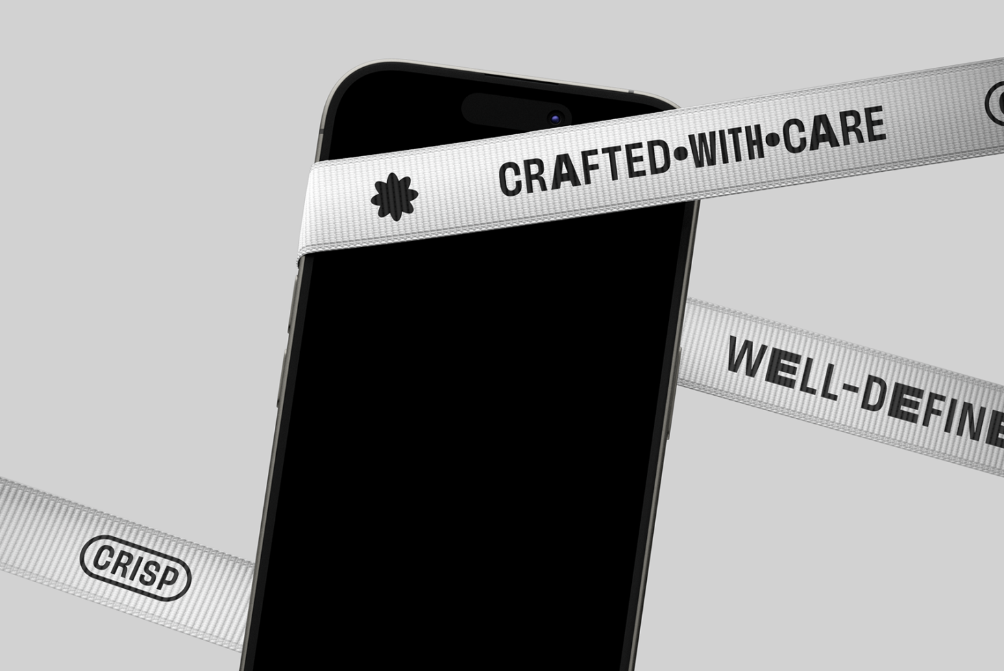 Smartphone mockup with black screen wrapped in white ribbon labeled crafted with care