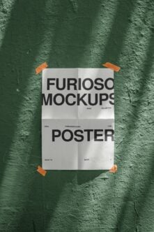 Poster on green wall with orange tape, grid fold layout mockup