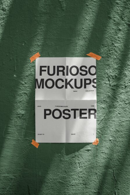 Poster on green wall with orange tape, grid fold layout mockup