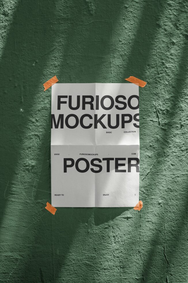 Poster on green wall with orange tape, grid fold layout mockup