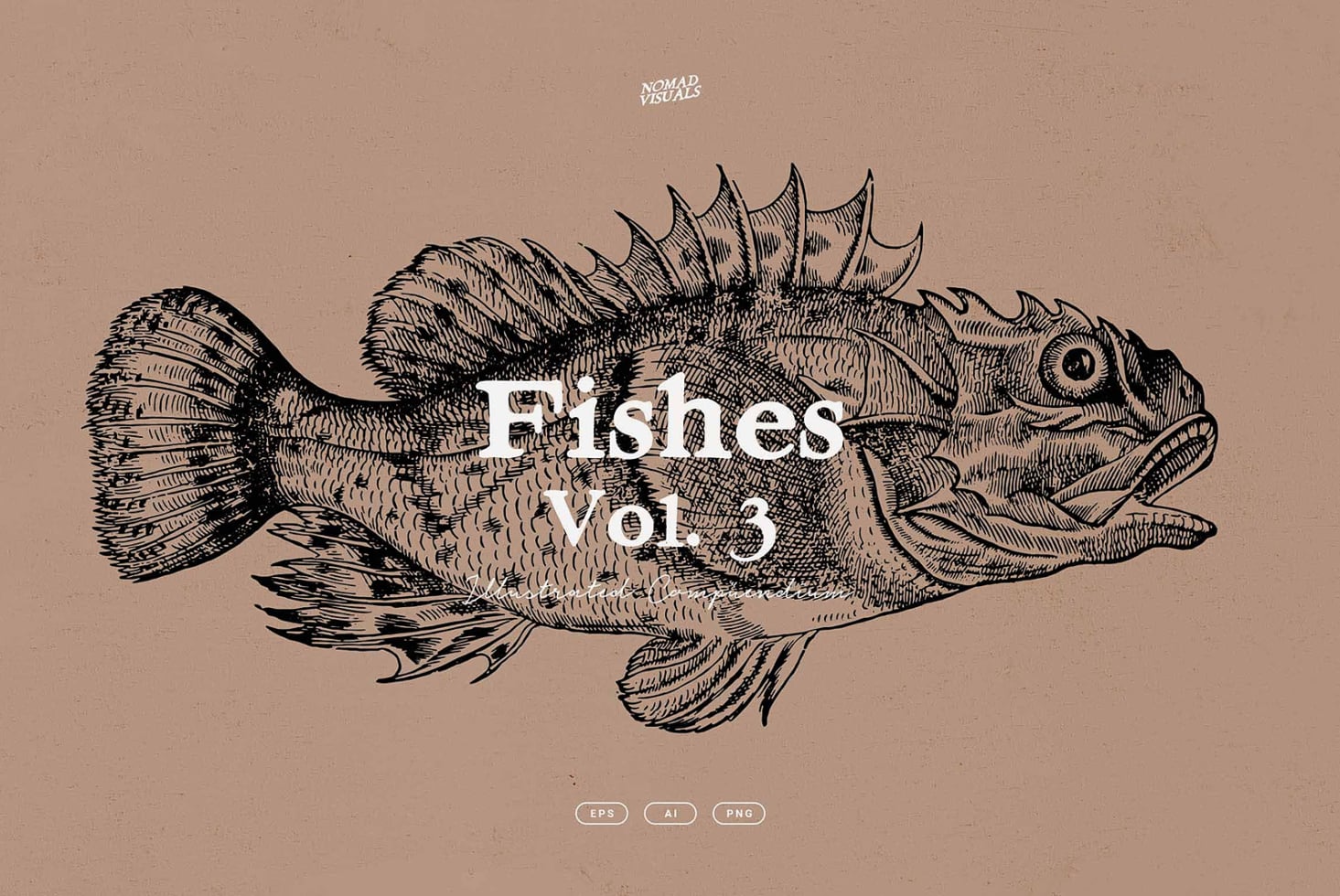 Ornate spiky fish drawing with white text overlay on tan background