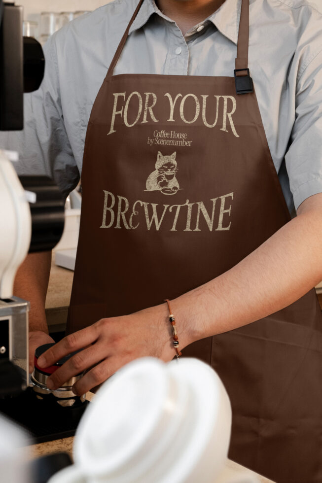 Brown apron with For Your Brewtine coffee house text with cat holding cup graphic