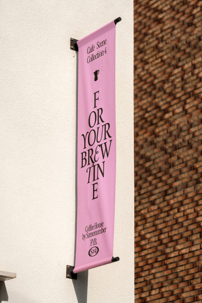 Vertical pink banner on brick wall reading For Your Brewtine with coffee pot icon