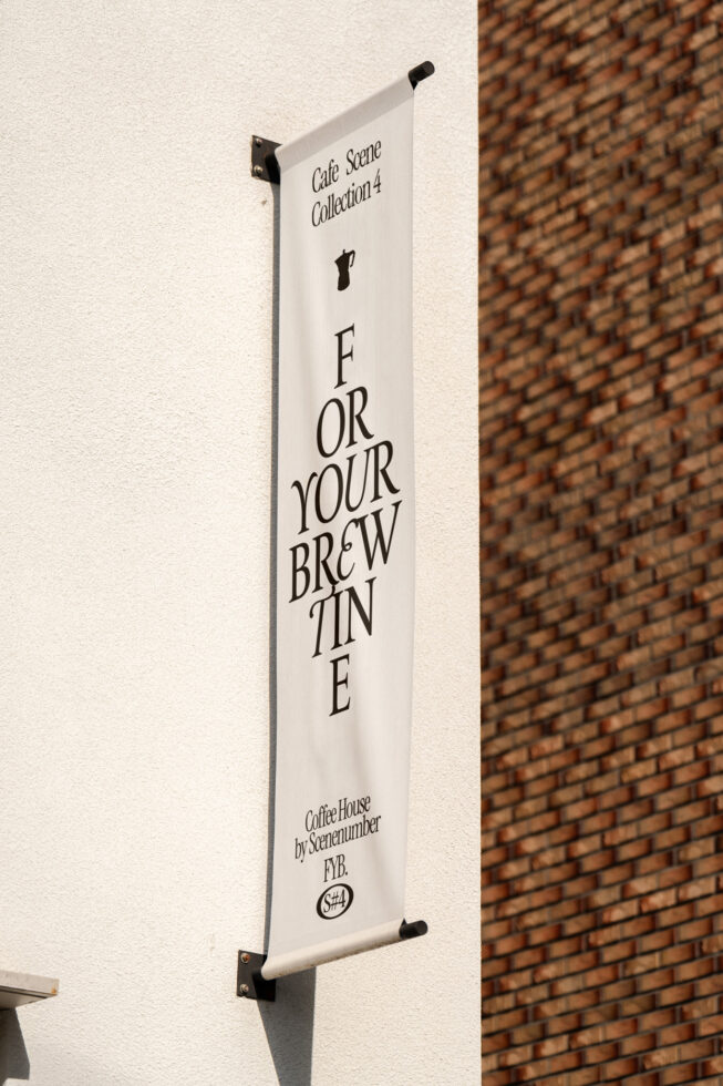 Vertical white banner on brick wall reading For Your Brewtine with coffee pot icon
