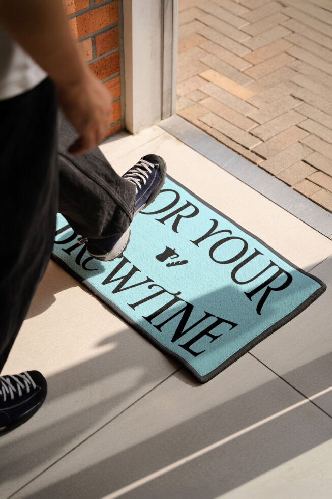 Blue doormat mockup with cafe branding at entrance with feet
