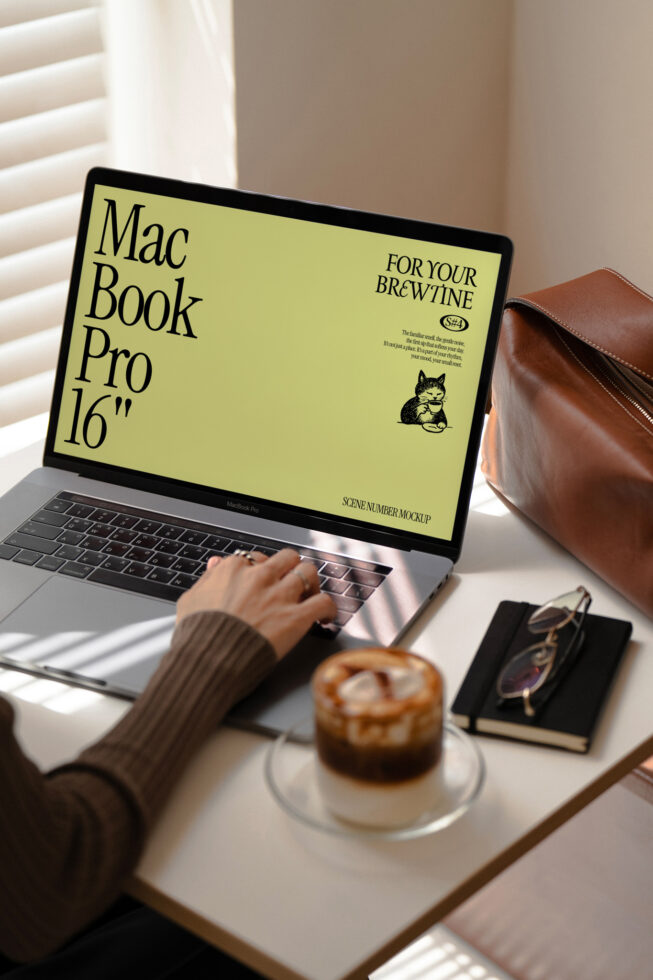 MacBook Pro 16 inch screen showing lime yellow design with coffee shop branding