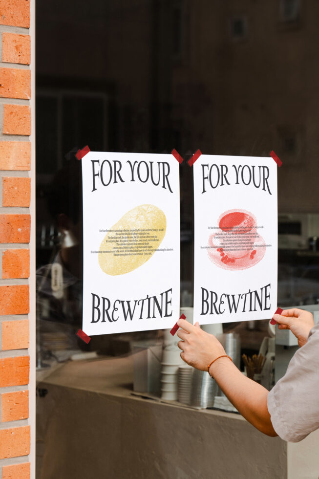 Colored poster mockup with yellow, red coffee art design for brewtine branding