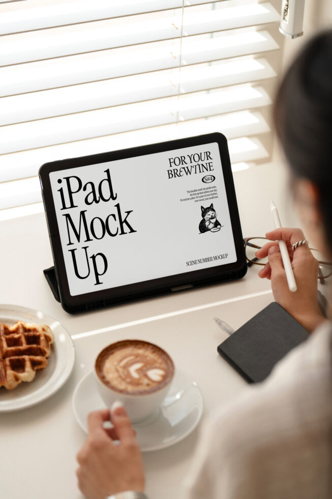 iPad tablet mockup displaying For Your Brewtine design on café table with coffee