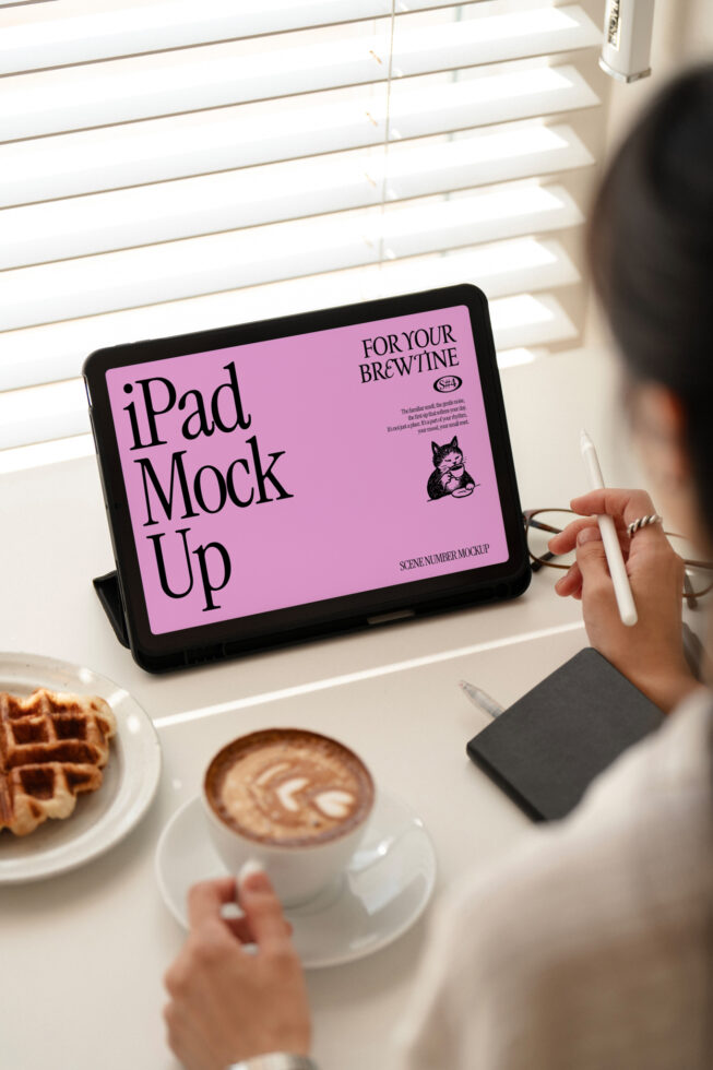 iPad mockup displaying pink screen with For Your Brewtine branding next to coffee cup
