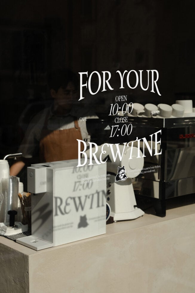 Cafe window decal mockup showing For Your Brewtine with hours 10:00 to 17:00