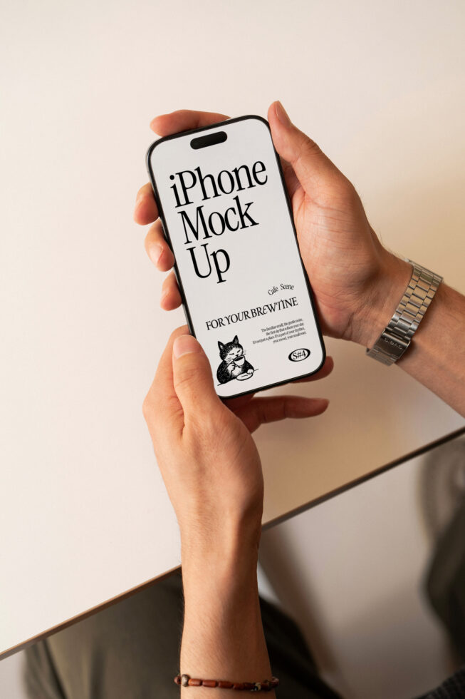 Close-up hands holding iPhone with cafe scene design, minimalist screen layout
