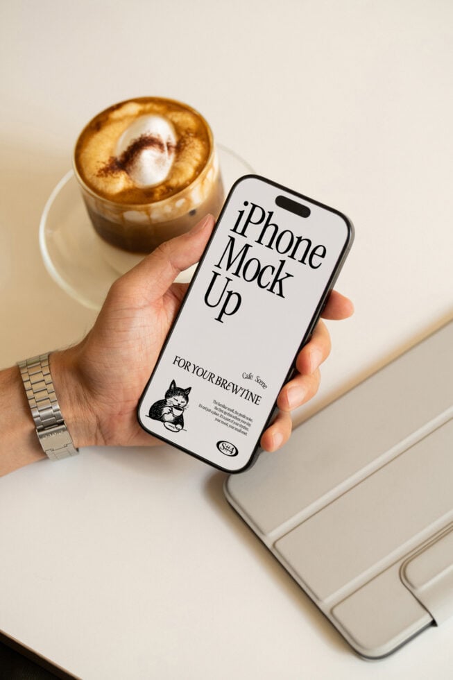 Hand holding iPhone with latte in background, phone screen ready for design mockup