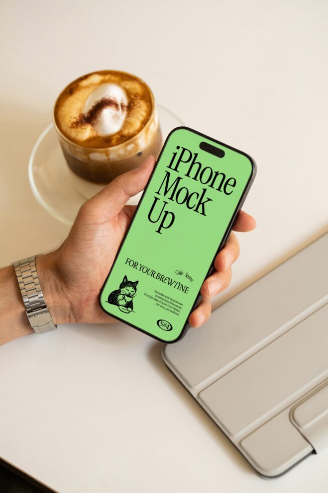 iPhone mockup with green screen next to latte with latte art