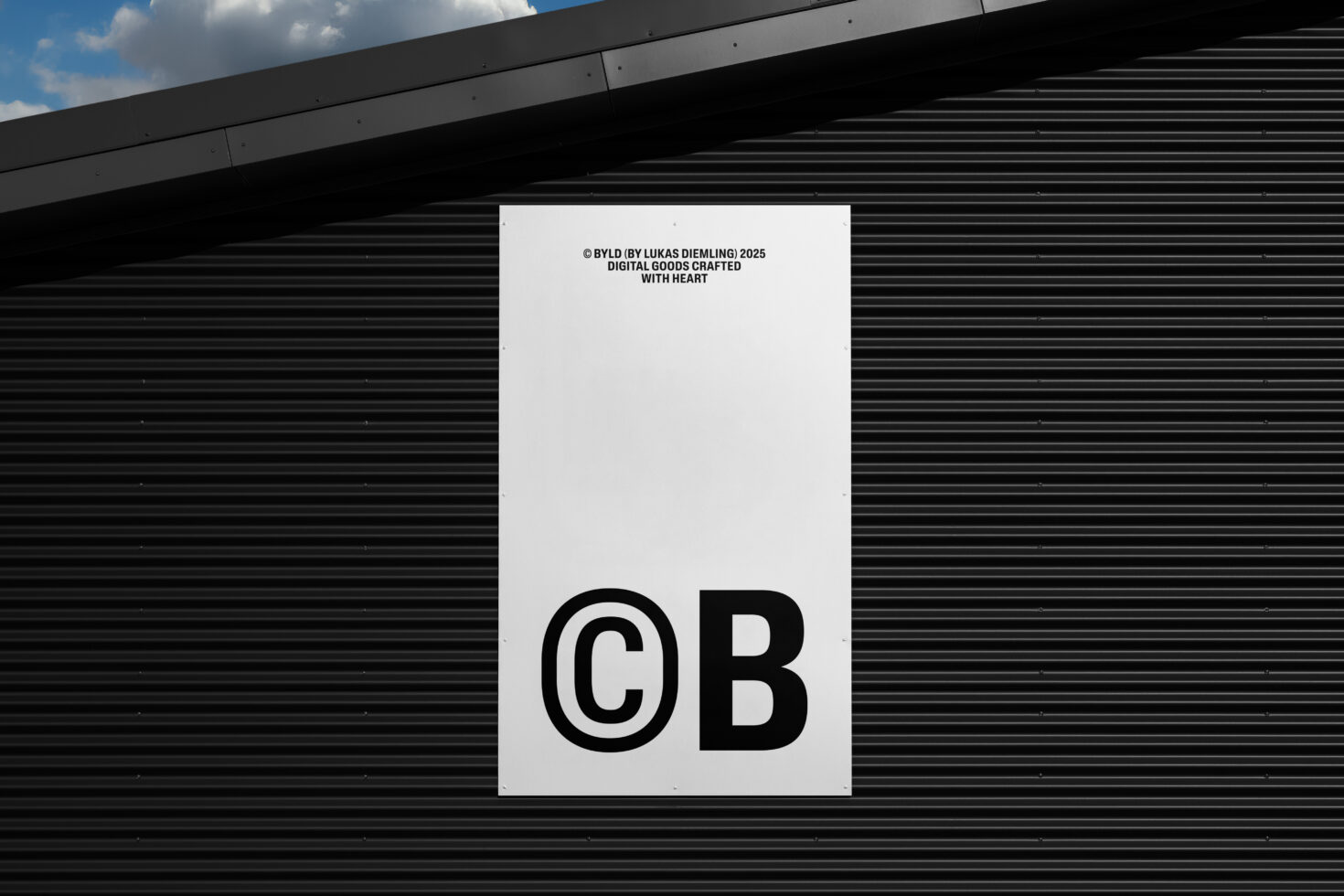 Black corrugated metal wall with white CB sign mockup centered