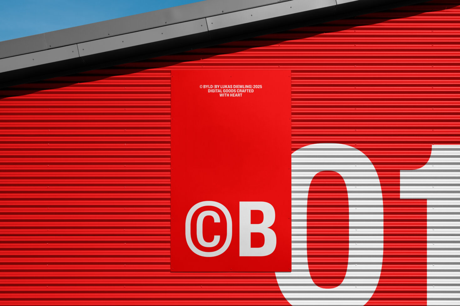Red corrugated metal wall with white CB logo sign mockup outdoor