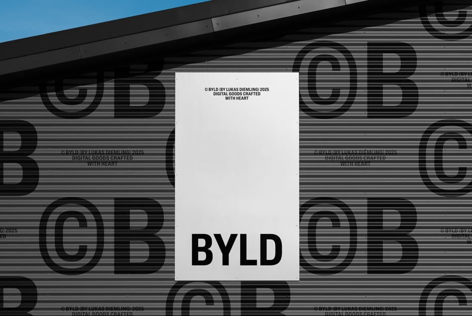 White poster with black BYLD text mounted on gray corrugated metal with large letters
