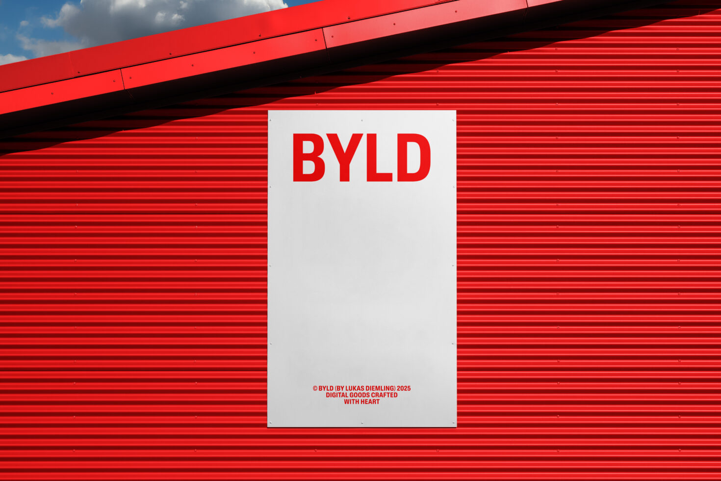 Red corrugated metal wall with white BYLD sign mockup outdoor daytime