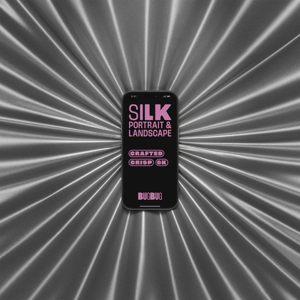 iPhone with dark screen showing pink Silk Portrait Landscape text on radiating background