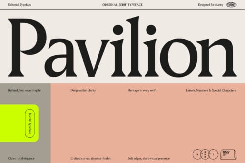 Pavilion serif typeface specimen showing refined letterforms in elegant layout
