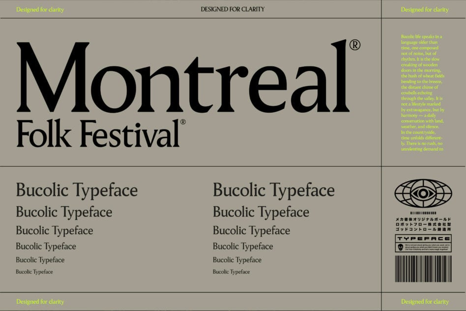 Montreal Folk Festival title layout with Bucolic typeface size variations below