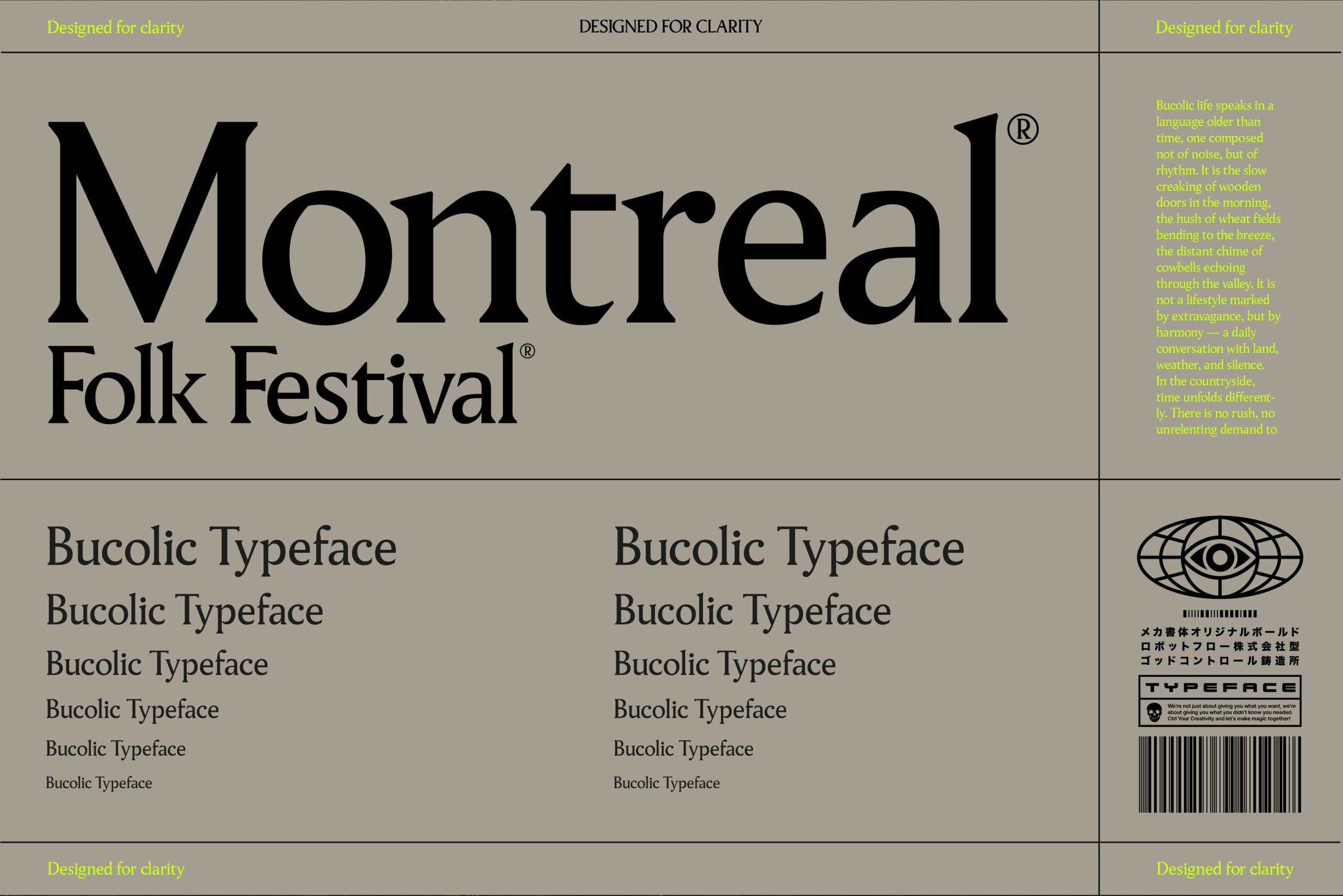 Montreal Folk Festival title layout with Bucolic typeface size variations below