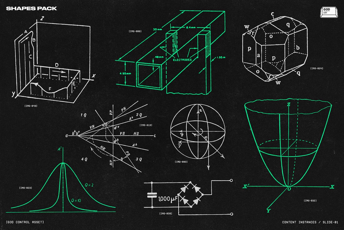 Technical wireframe shapes with dimensions, electrodes, graphs in cyan on dark