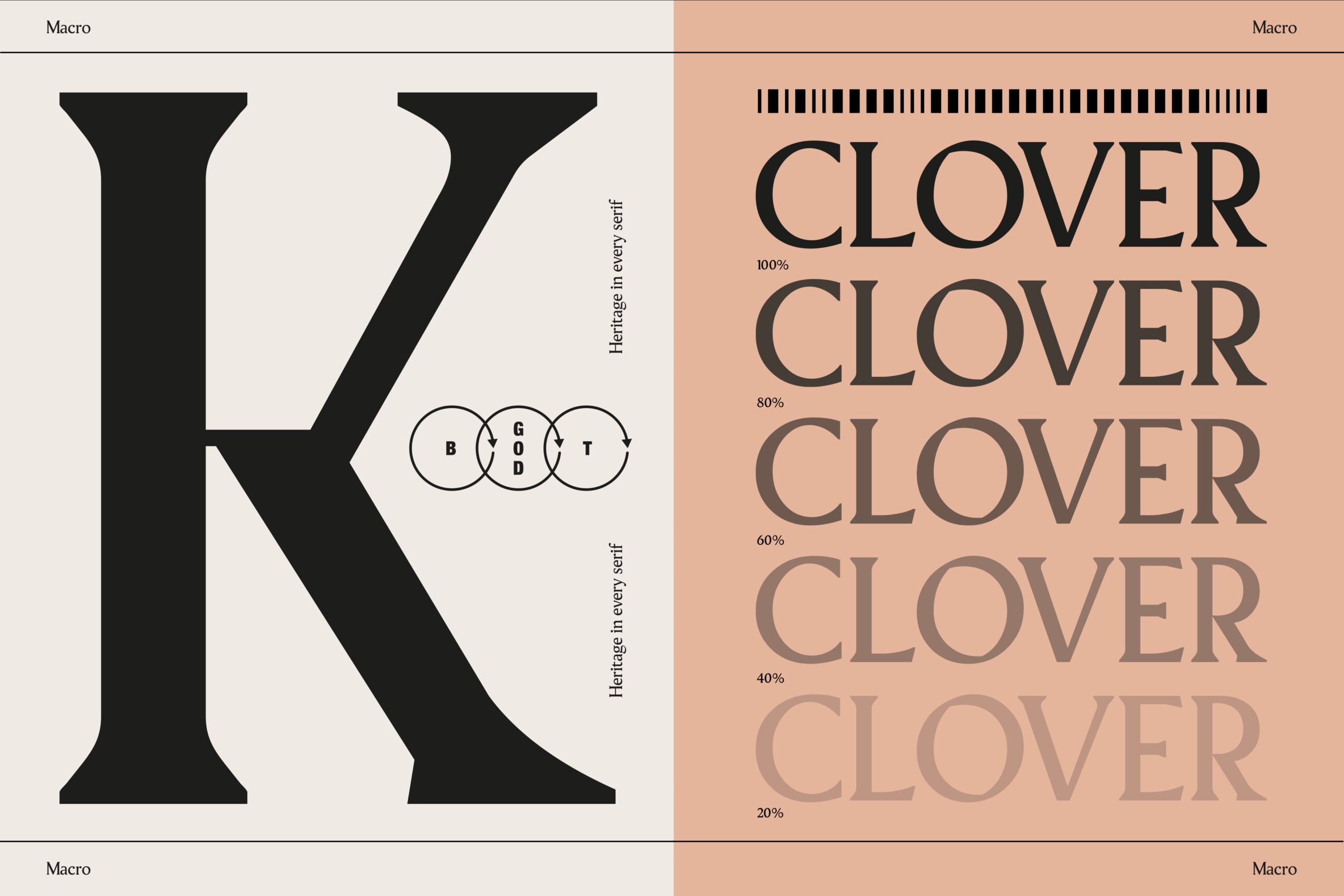 Large K letterform on left, CLOVER text in opacity weights on right