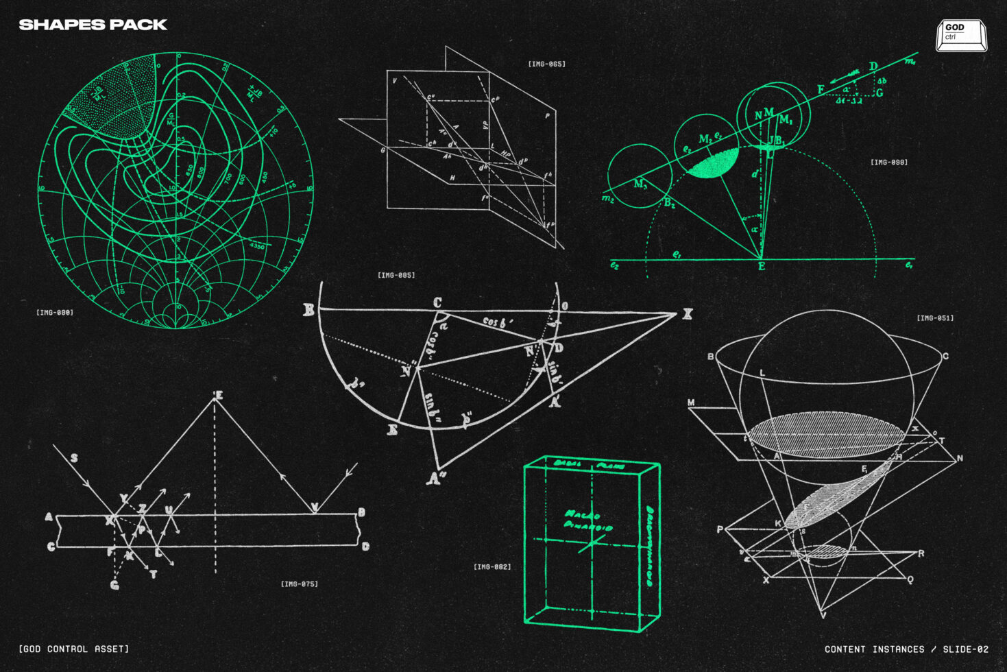 Neon green wireframe geometry pack with spheres, grids, circuit diagrams on black