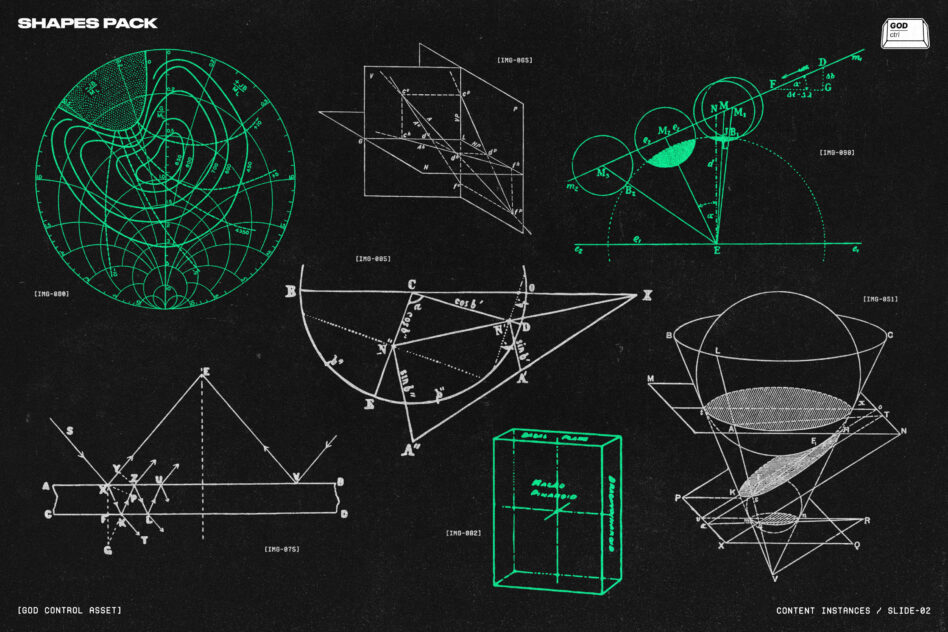 Neon green wireframe geometry pack with spheres, grids, circuit diagrams on black