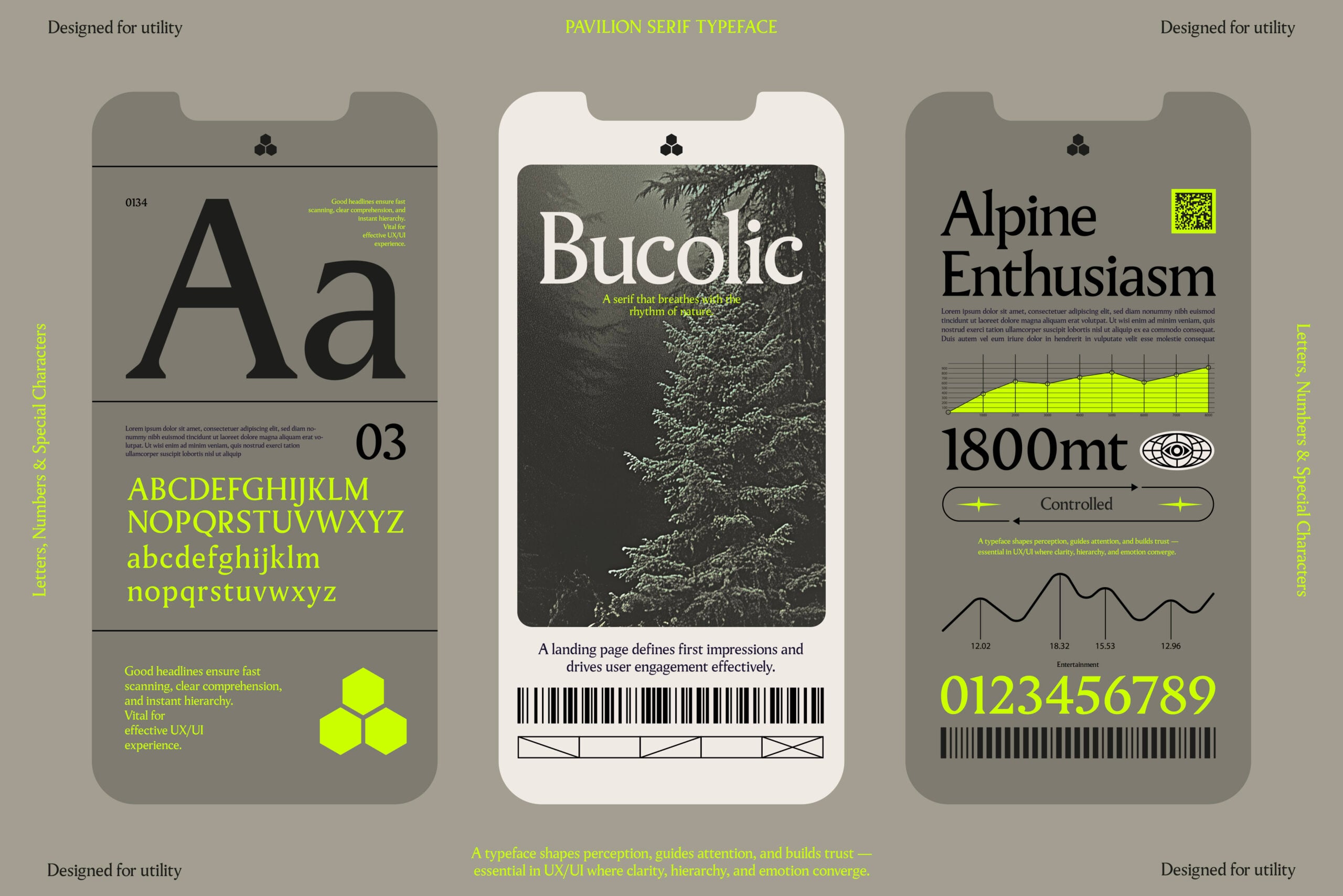 Phone mockups displaying typeface specs, forest imagery, charts with neon accents