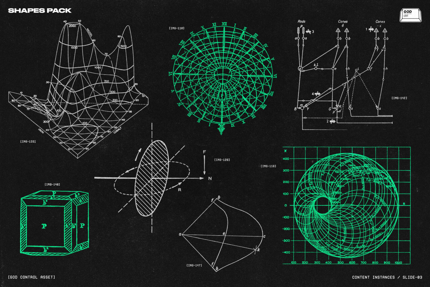 Shapes pack displaying technical wireframe diagrams, geometric illustrations in neon