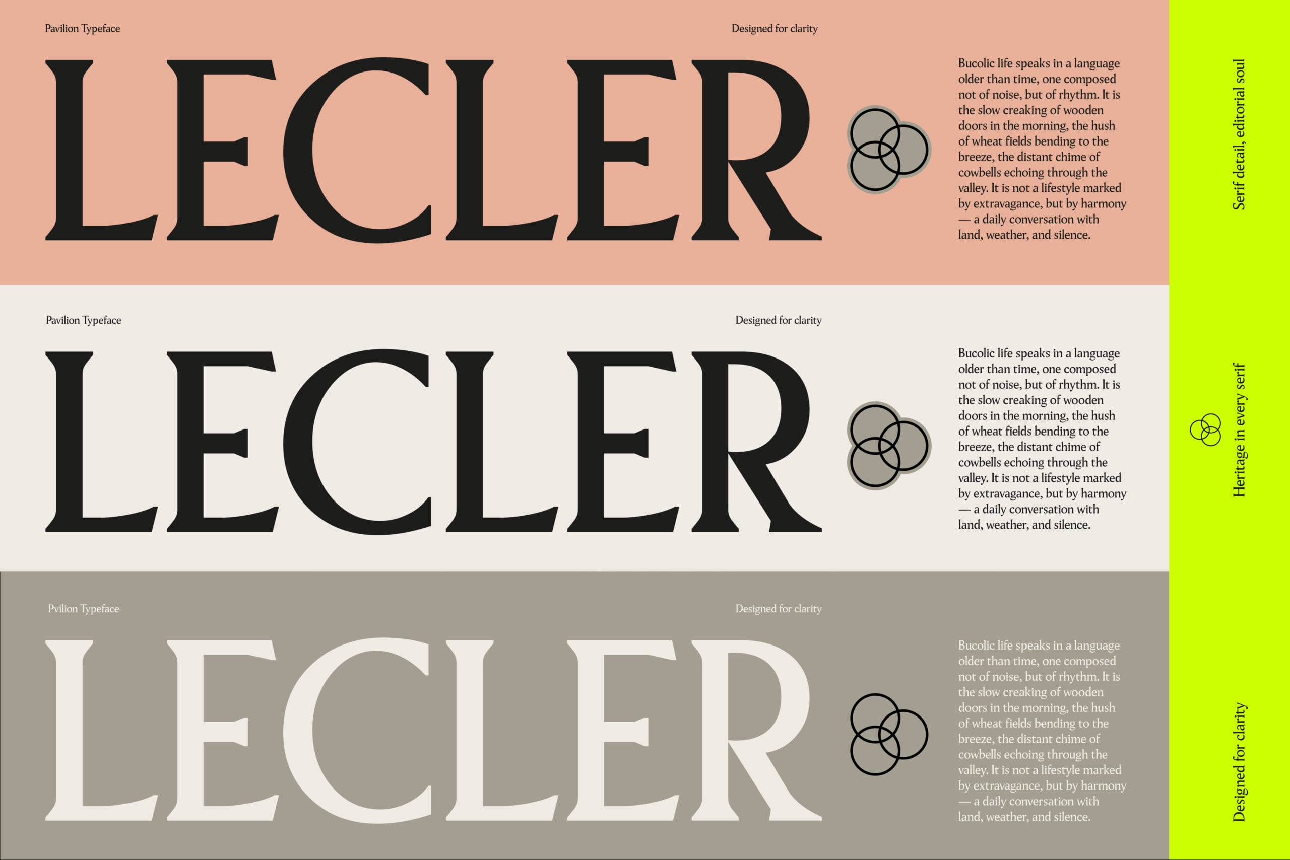 Three color variations of Pavilion serif typeface showing EELER text samples