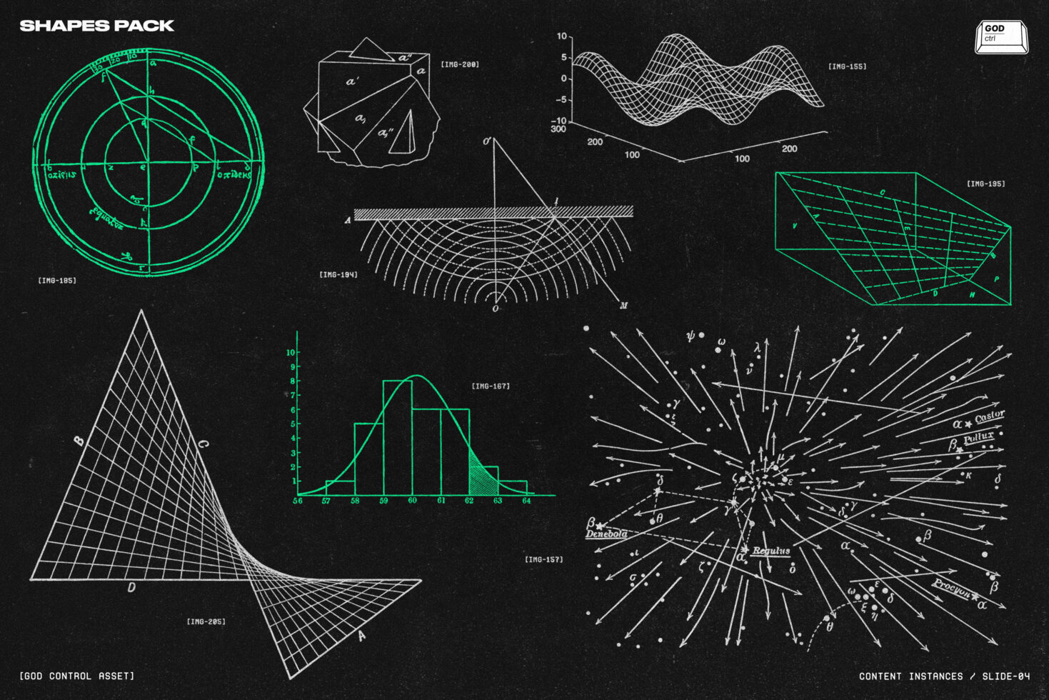 Shapes pack with mathematical diagrams, curves, grids on dark background