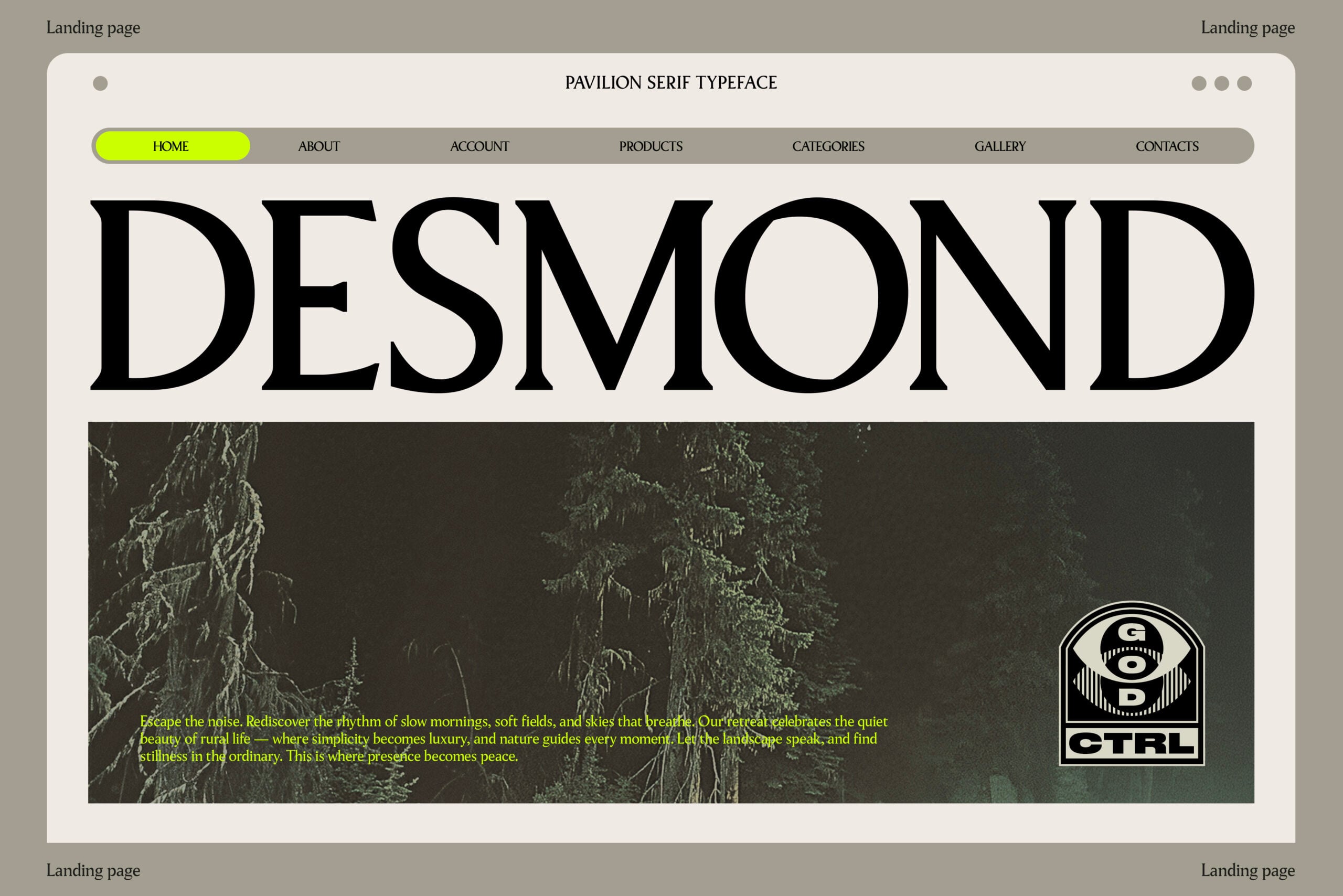 Website landing page mockup showing DESMOND headline over moody forest photo