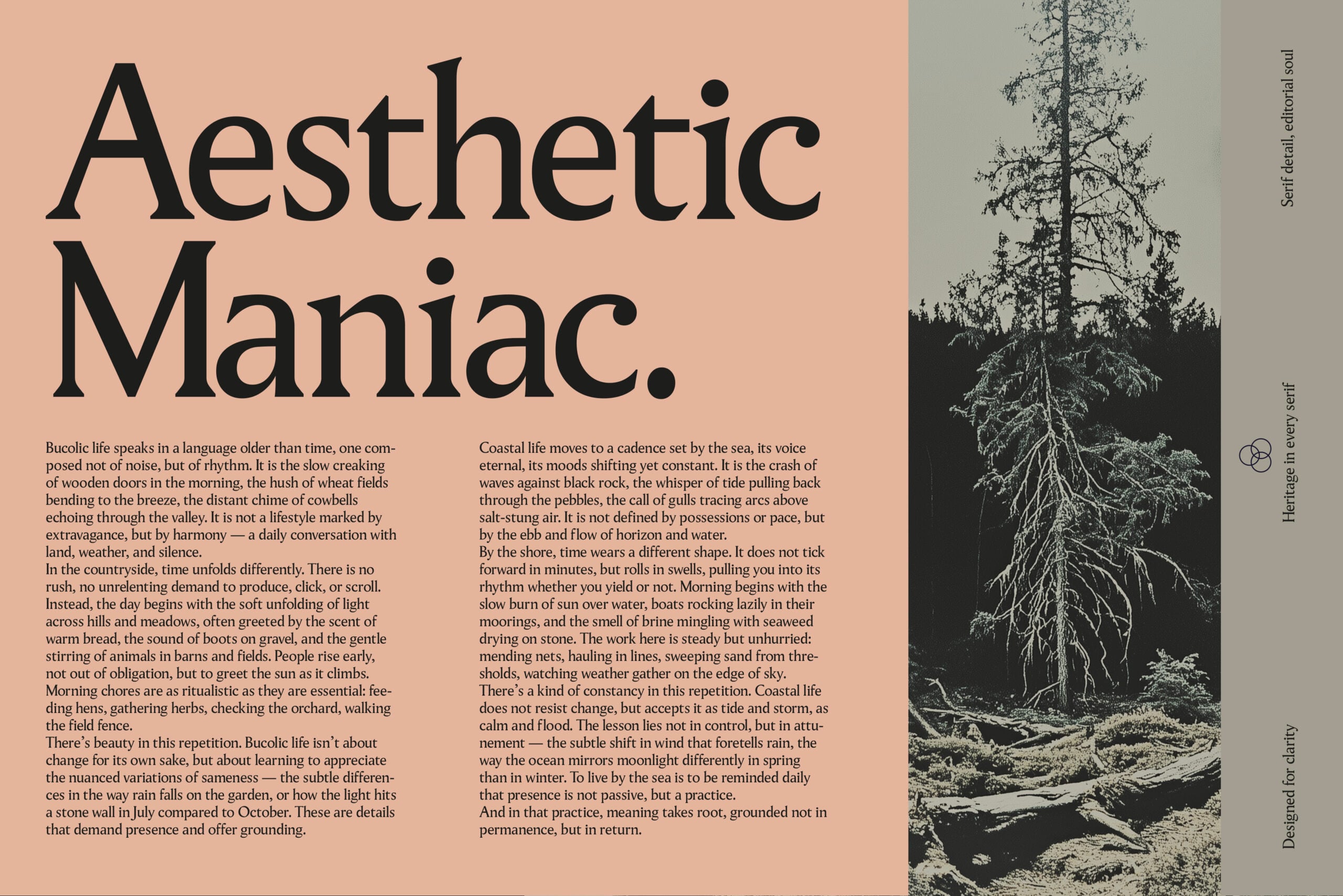 Split layout with rural text on beige side, forest photo on green side