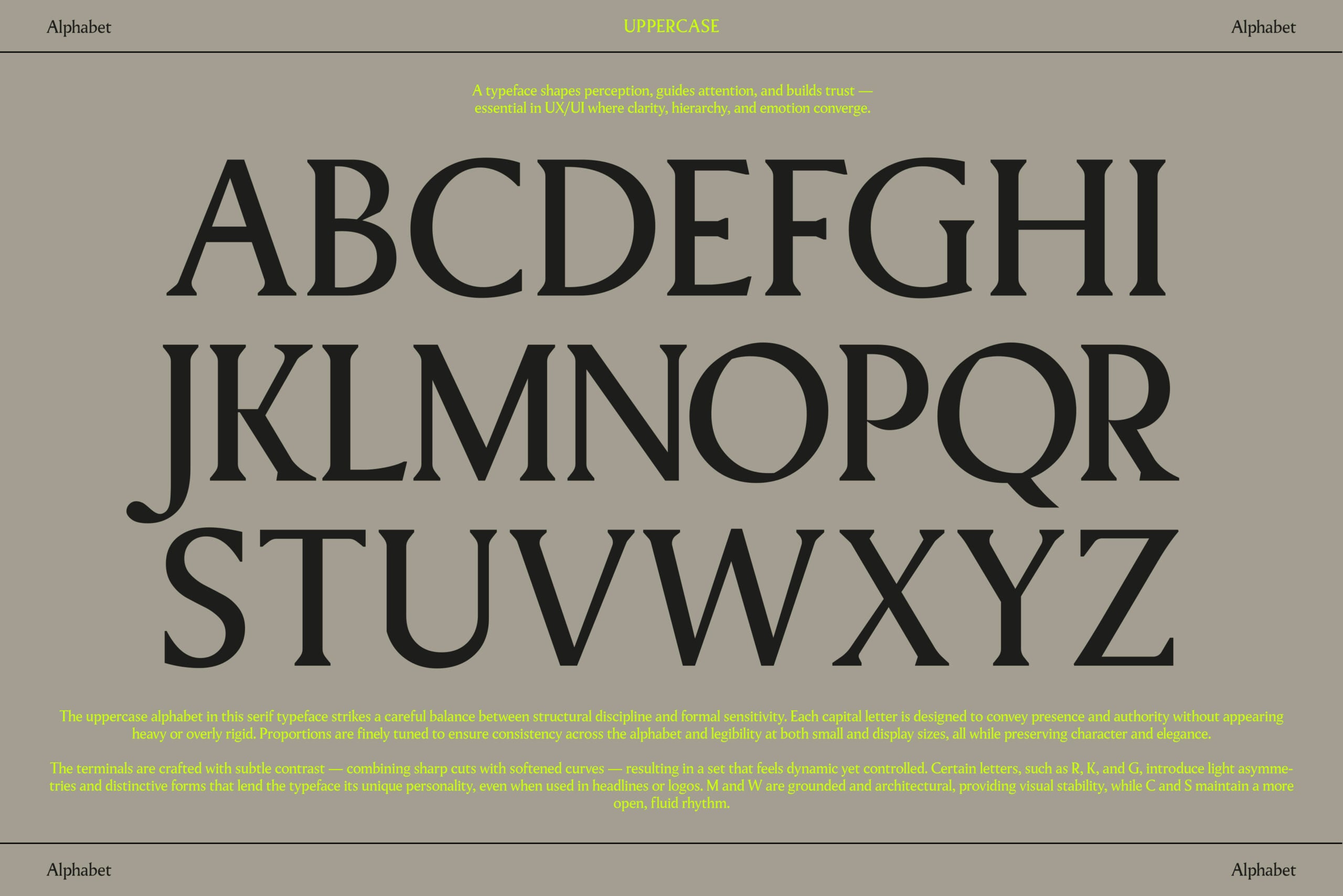 Uppercase alphabet display in serif typeface on neutral gray background