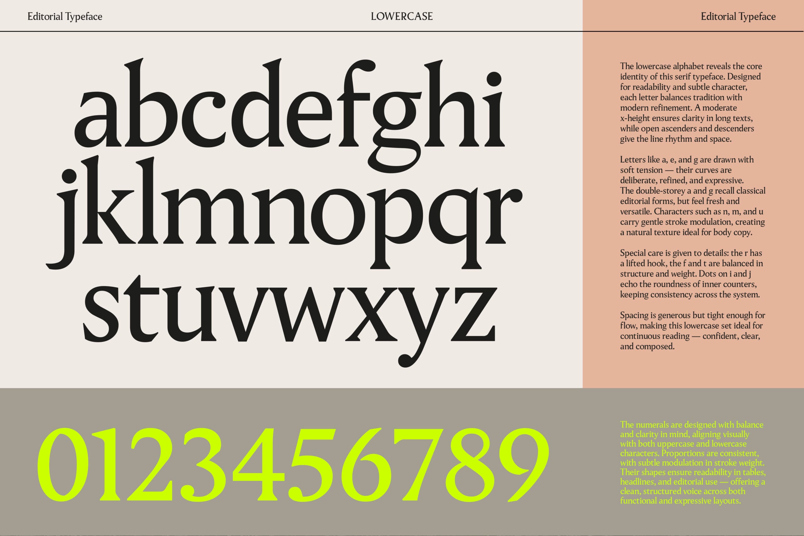 Serif typeface lowercase alphabet with yellow numerals below