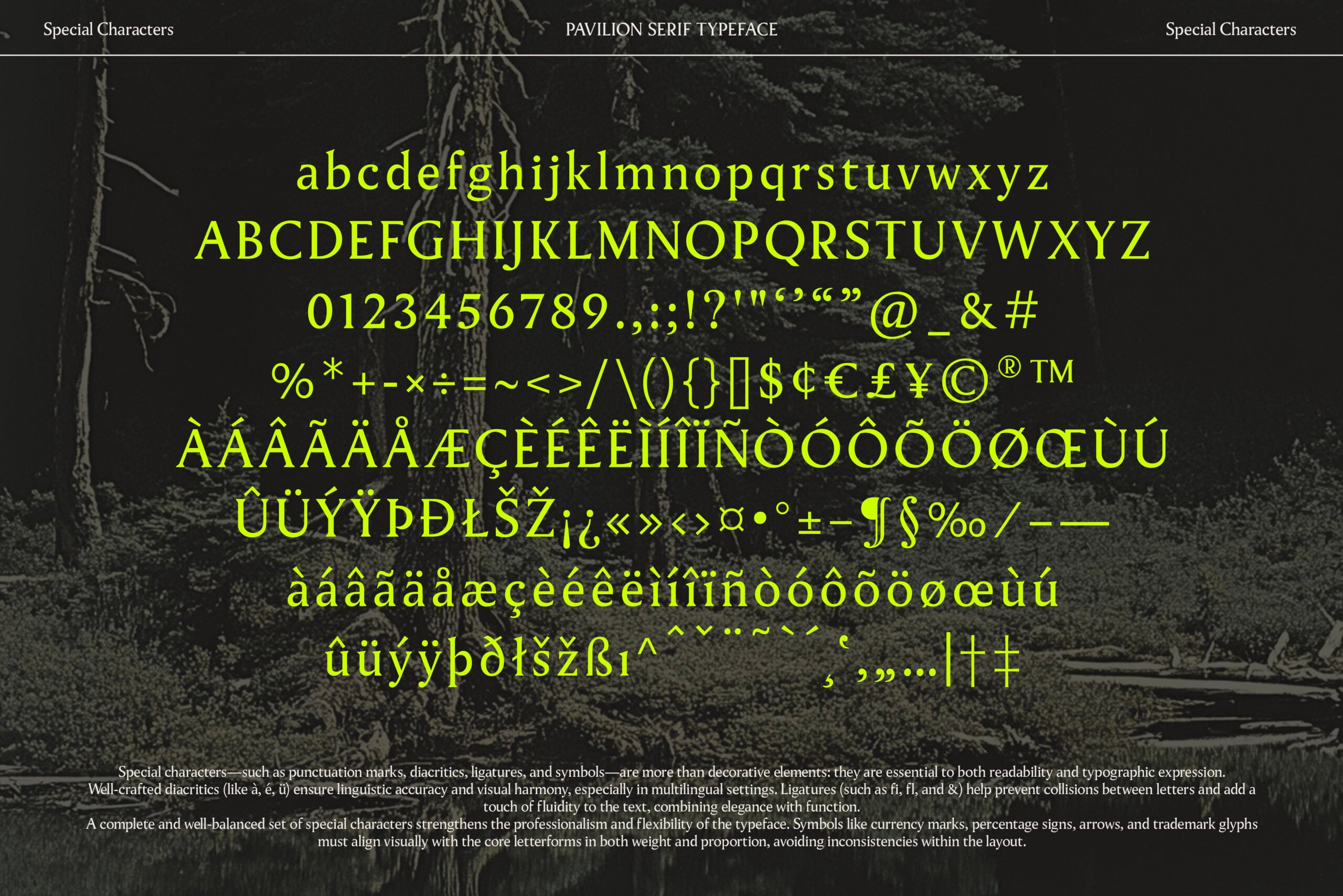 Pavilion typeface special characters on dark forest background in yellow