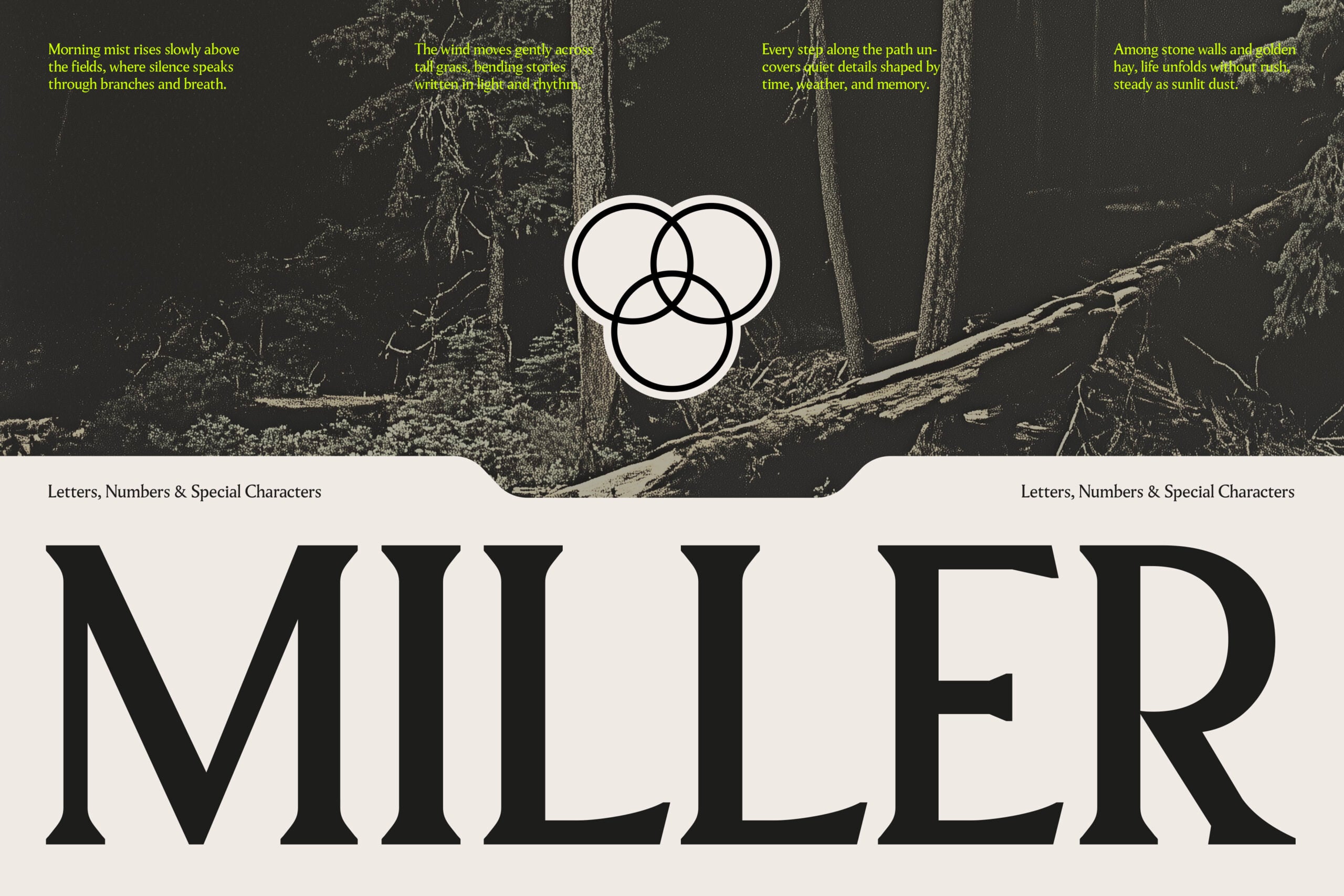 Miller typeface shown over dark forest image with overlapping circles