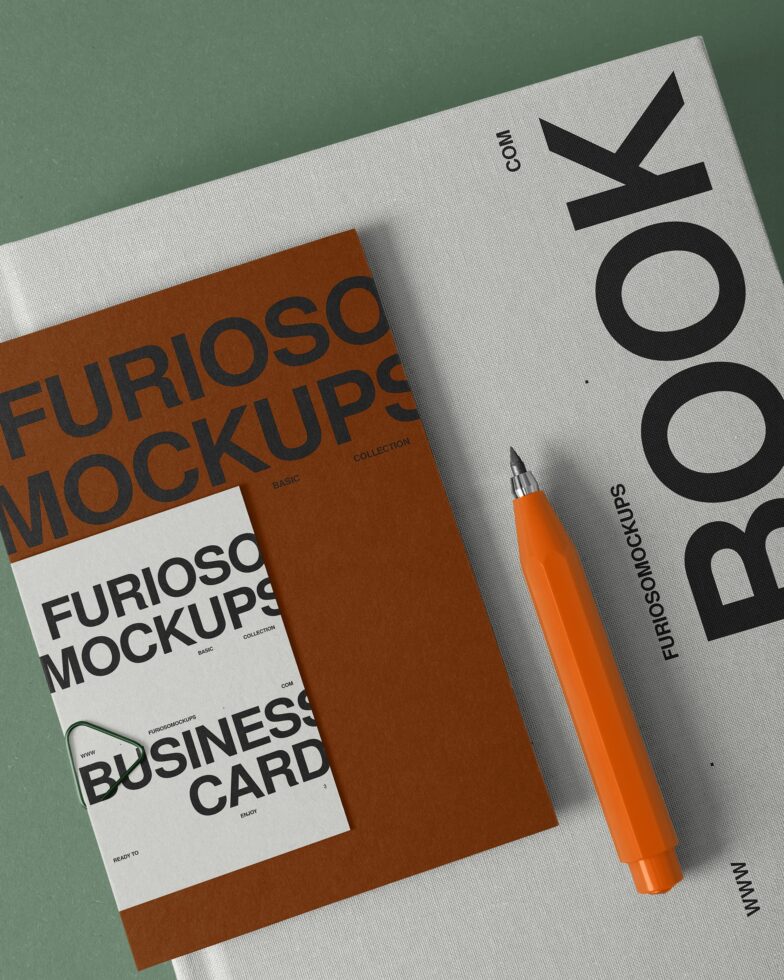 Stacked branding mockups with orange pen on green teal background, large Book cover