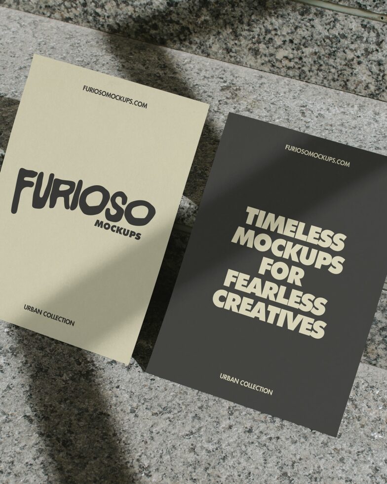 Cream with black FURIOSO branding next to dark card with cream type