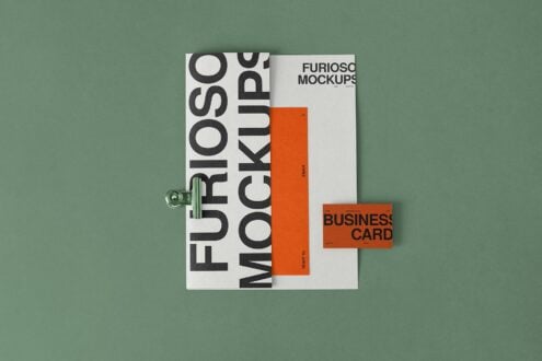 White letterhead with stacked orange folder, orange business card mockup