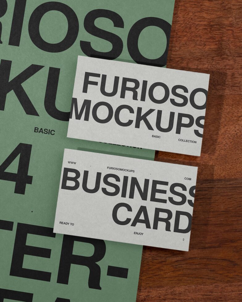 Business card mockup on green poster with brown surface showing branding setup