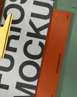 Yellow clipboard holding papers with bold black typography next to orange branding materials