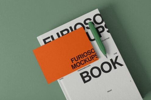 White book cover with Furioso Mockups text, orange card overlay, green pen on sage background