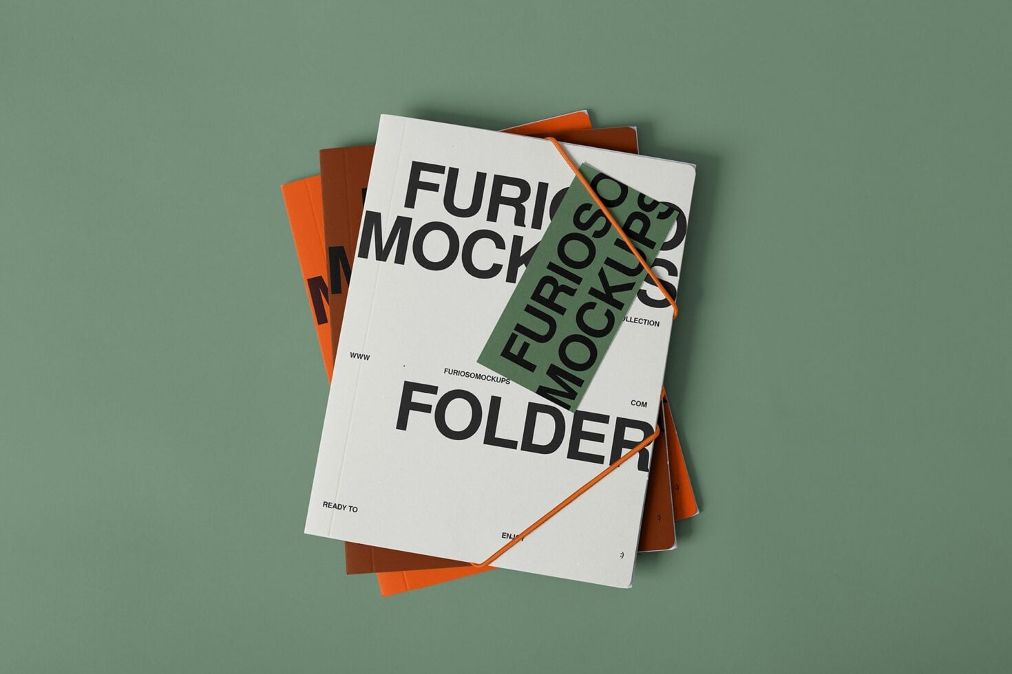 Scattered folder mockups with orange, rust, white covers on sage background