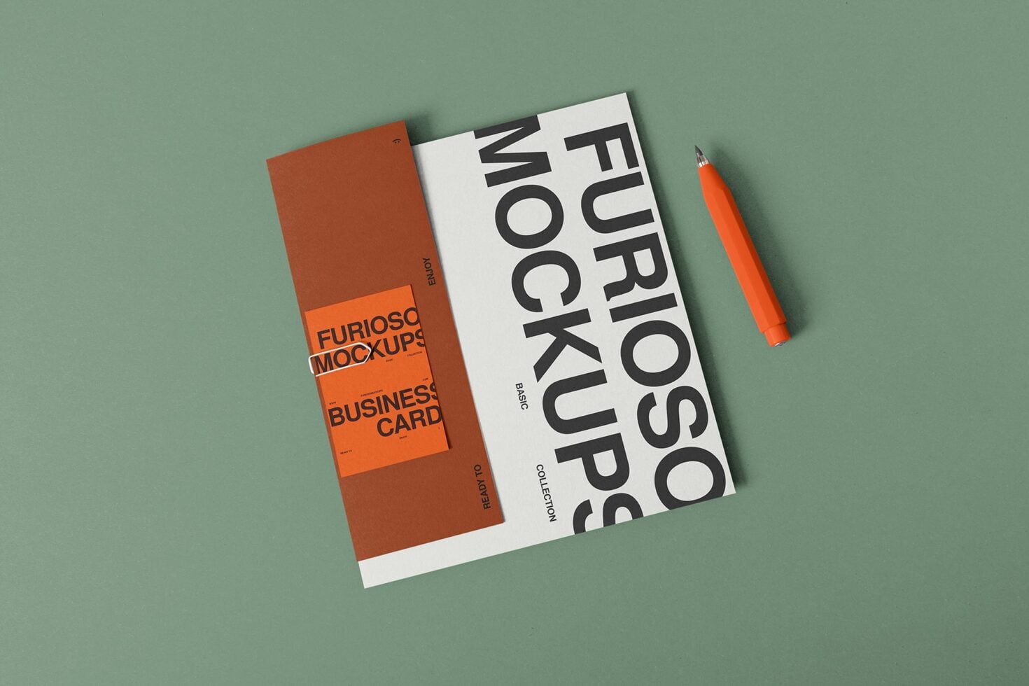Folded business card mockup in rust orange with sans serif typography on sage green background