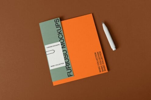 Orange envelope mockup with branded card visible, styled with white pen on brown