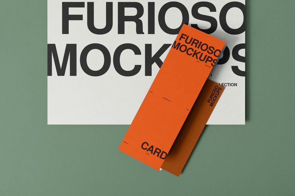 Orange card mockup overlaid on large typography poster with sage background